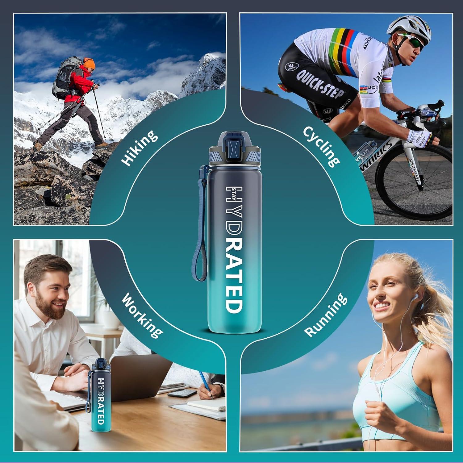QLUR 1L Trinkflasche mit Zeitmarkierung Strohhalm BPA-frei Sportflasche Blau