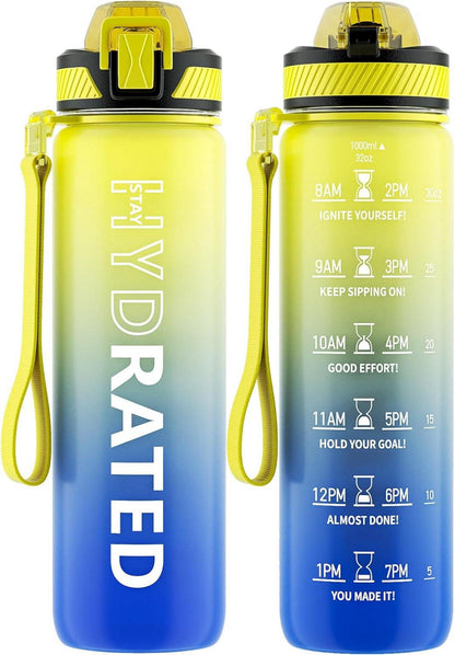 Trinkflasche 1L BPA-Frei mit Strohhalm und Zeitmarkierung