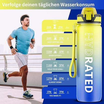 QLUR Trinkflasche 1L BPA-frei mit Strohhalm Zeitmarkierung