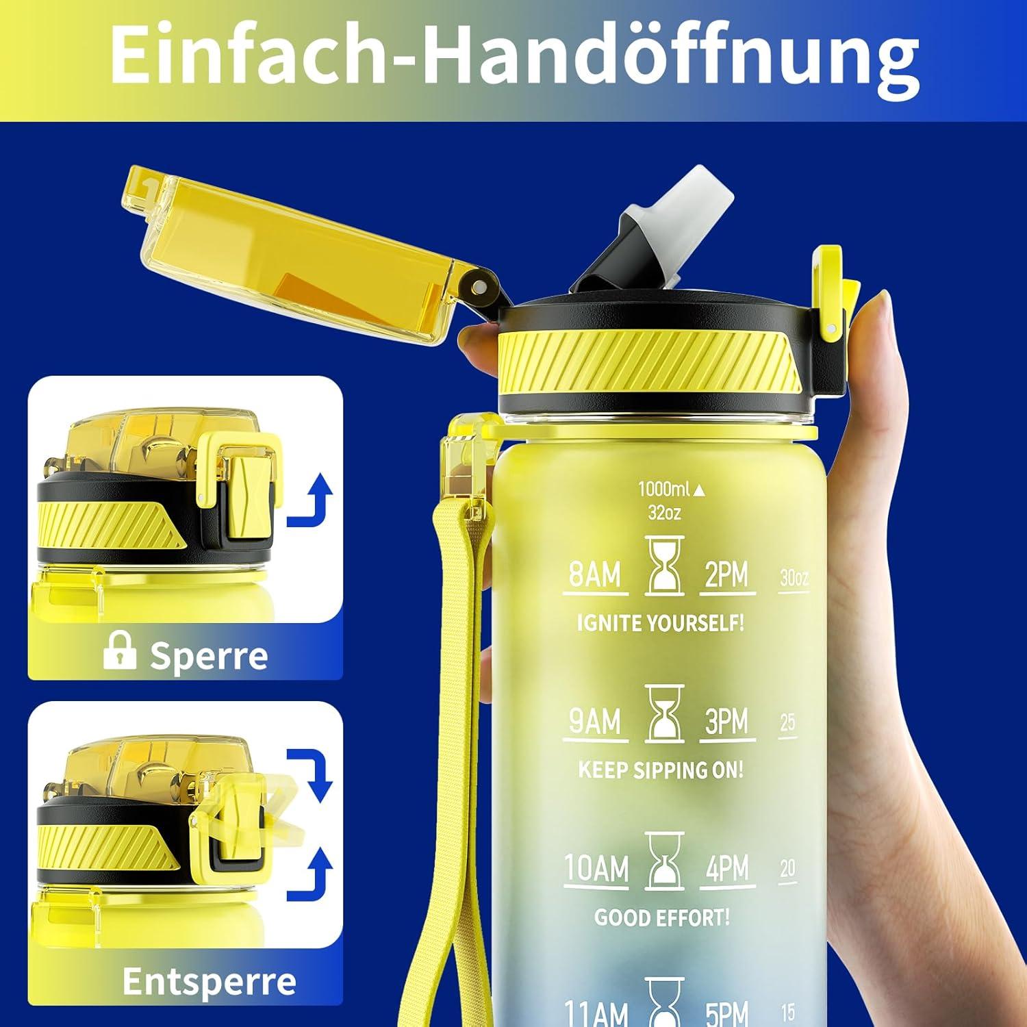 Trinkflasche 1L BPA-Frei mit Strohhalm und Zeitmarkierung