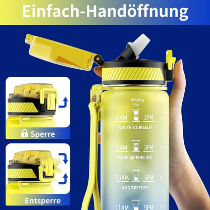 Trinkflasche 1L BPA-Frei mit Strohhalm und Zeitmarkierung