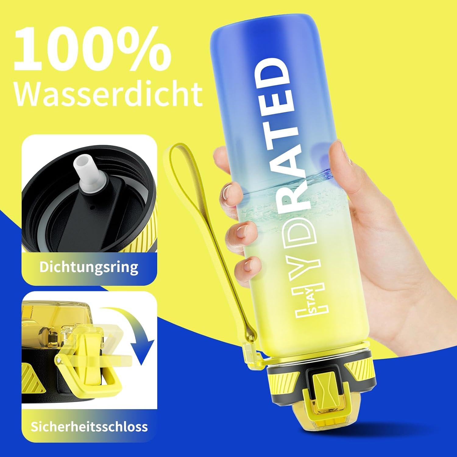 Trinkflasche 1L BPA-frei mit Strohhalm, Zeitmarkierung und Bürste