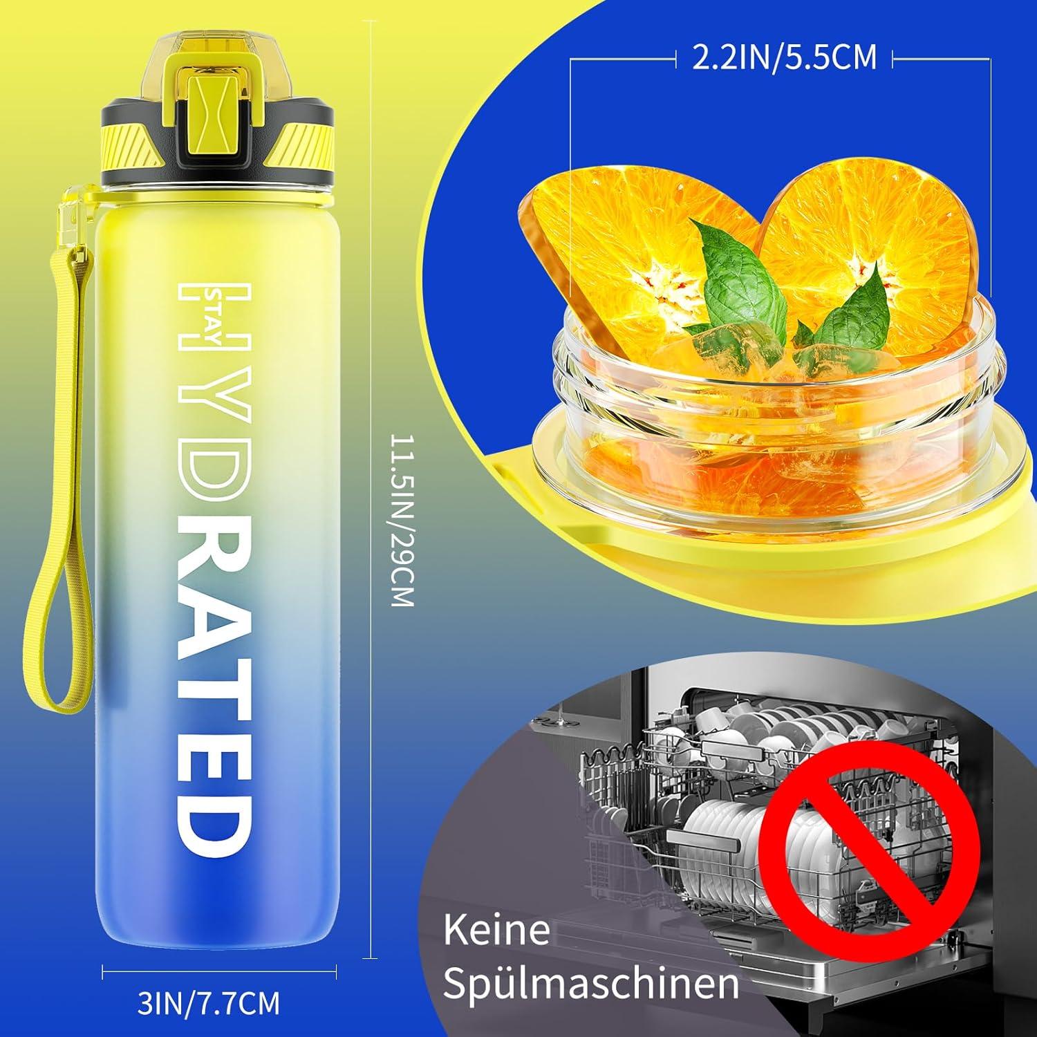Trinkflasche 1L BPA-frei mit Strohhalm, Zeitmarkierung, Bürste für