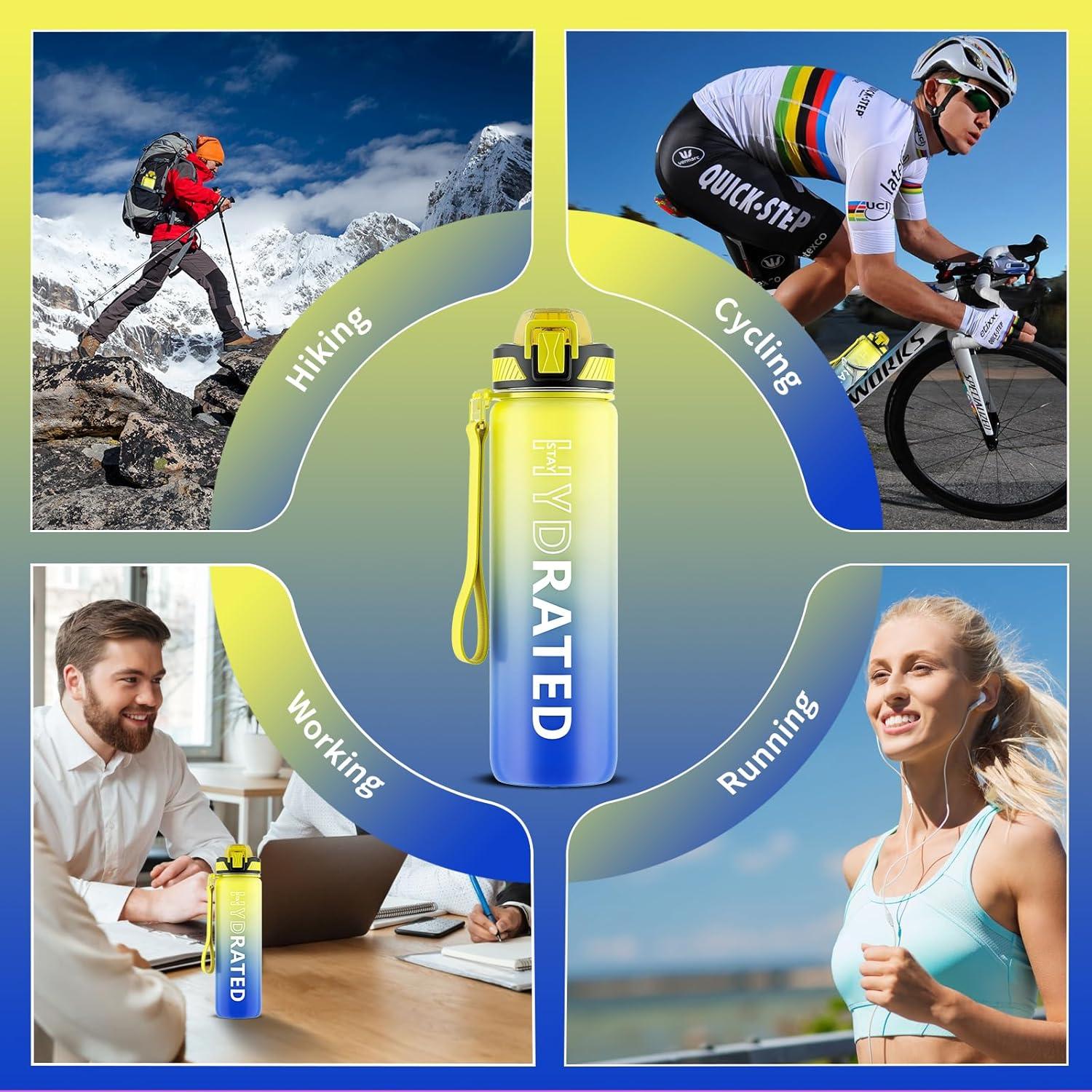 Trinkflasche 1L BPA-frei Tritan mit Strohhalm Zeitmarkierung für Fitness327