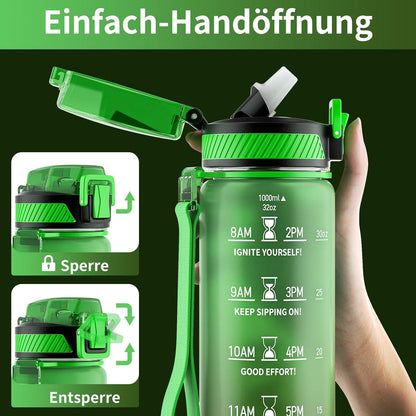 Trinkflasche Sport 1L BPA-frei mit Strohhalm und Zeitmarkierung