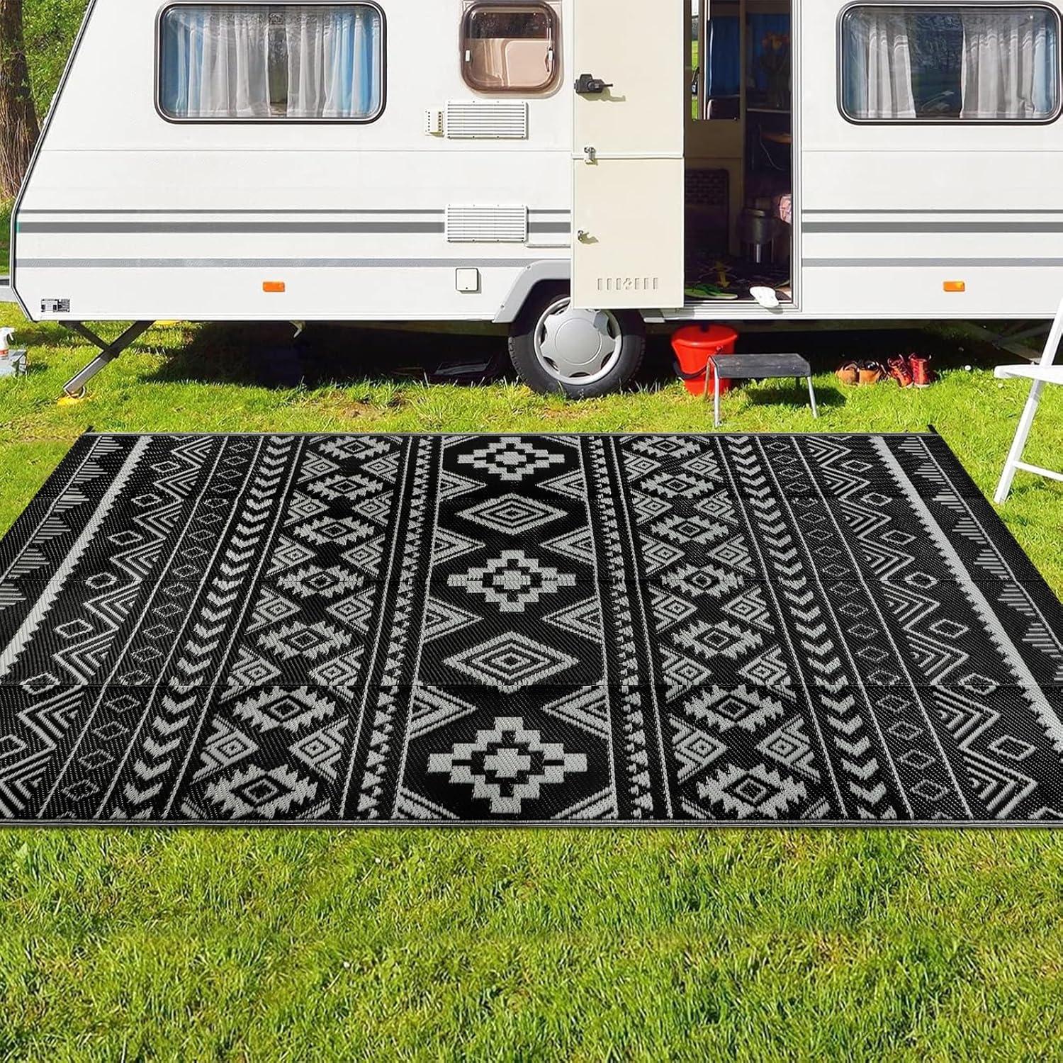 Outdoor Teppich wasserdicht Wendbar Camping Gartenteppich Schwarz 150x245 cm