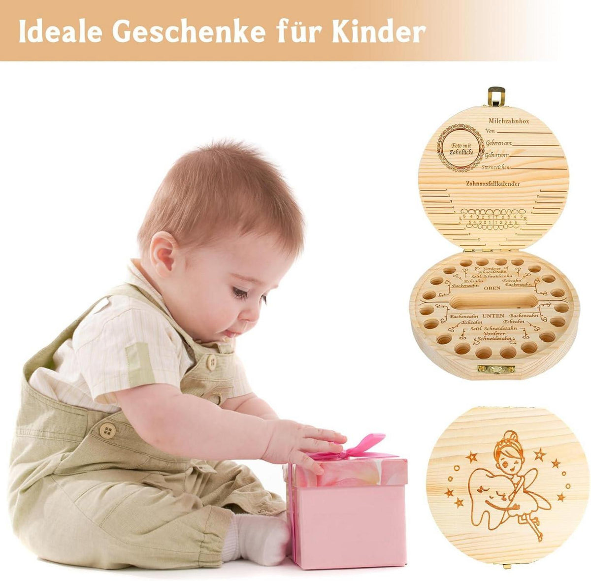 Milchzahndose Holz Aufbewahrungsbox mit Namen für Baby Mädchen und Jungen