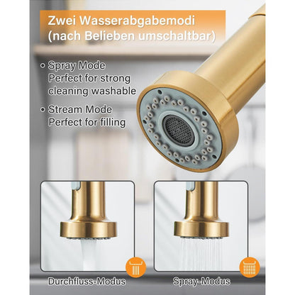 Küchenarmatur Gold Ausziehbar 360° Schwenkbar mit Brause