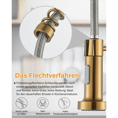 Küchenarmatur Gold Ausziehbar 360° Schwenkbar mit Brause