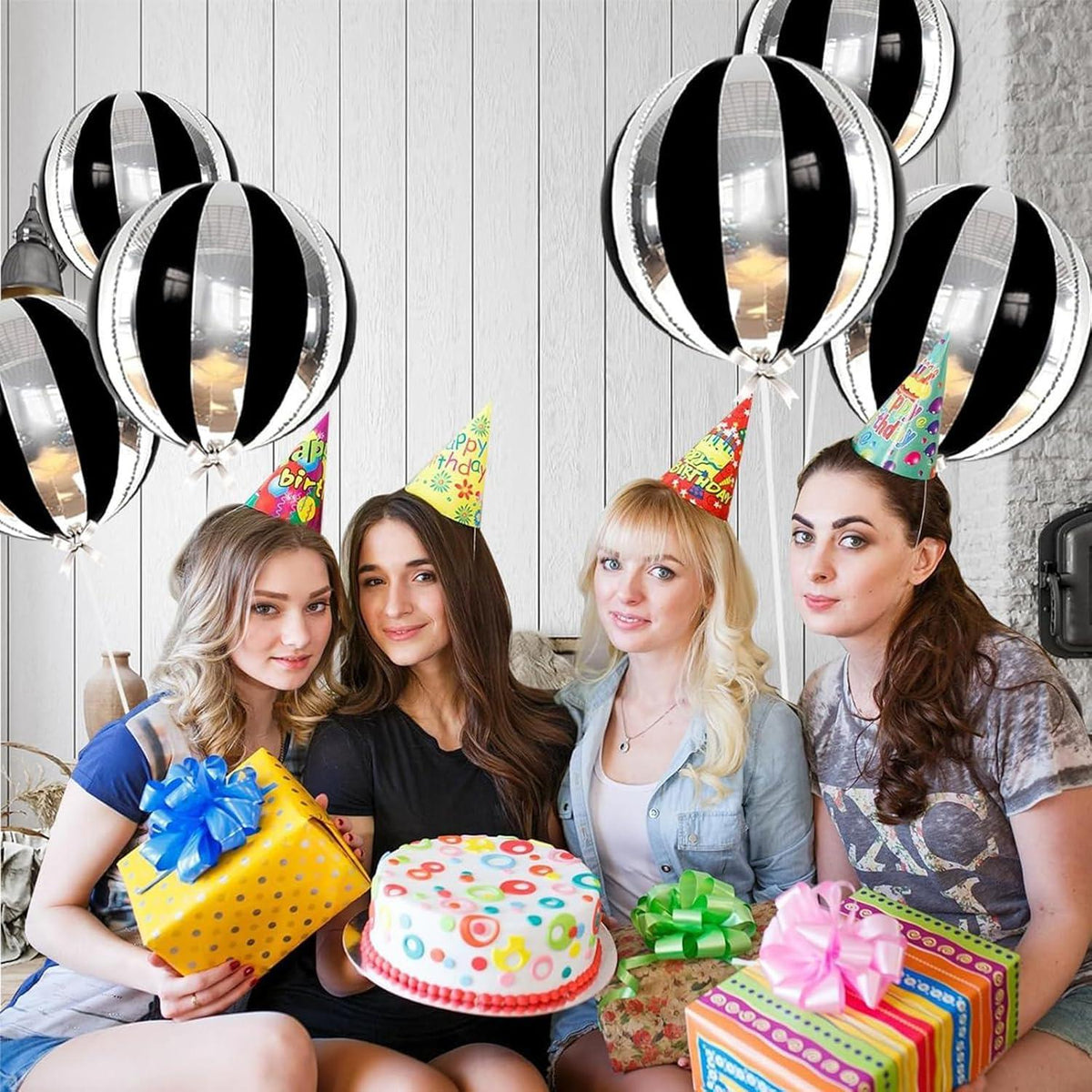 6er Set Schwarz Silber 4D Happy New Year Folienballons 22 Zoll - Party Deko