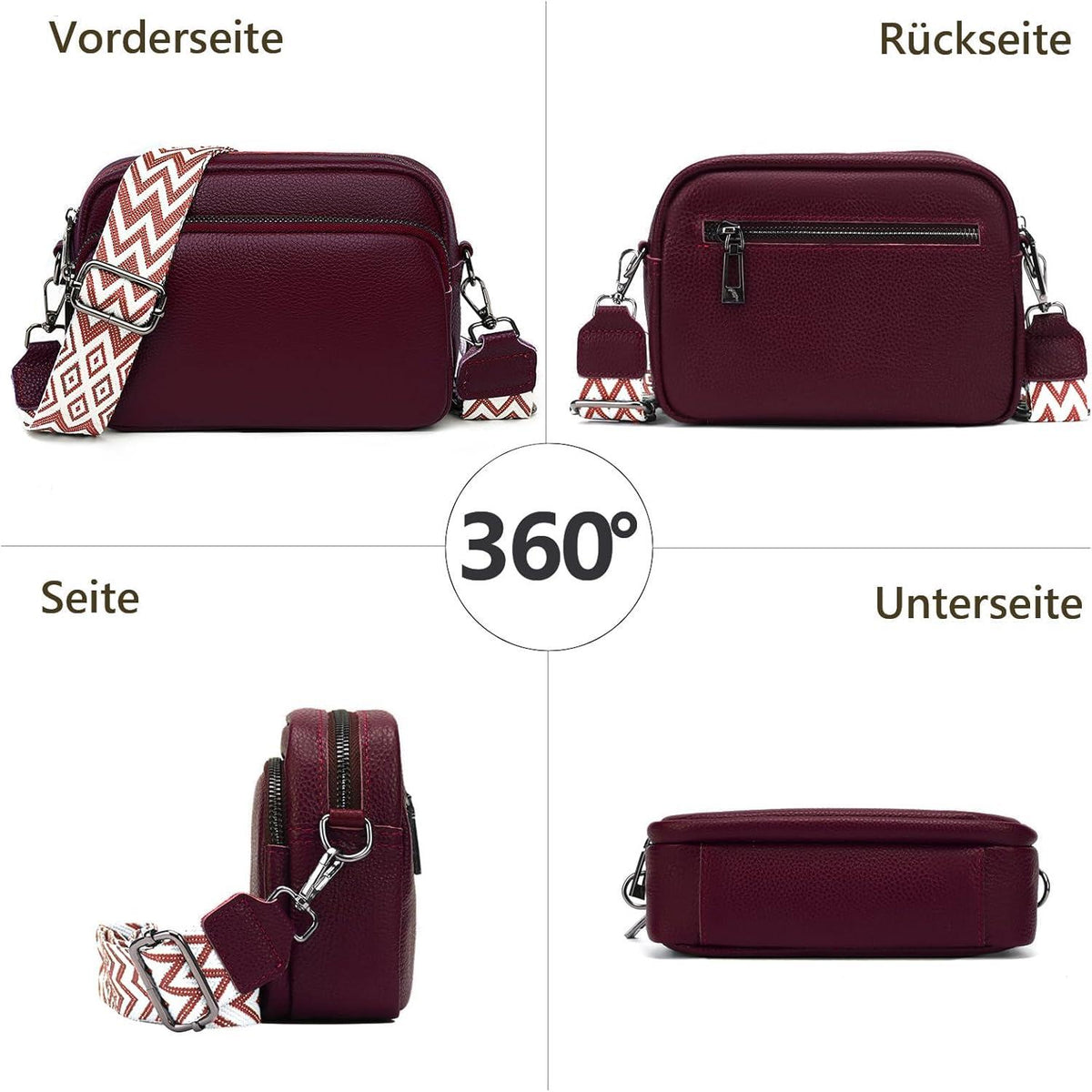 Crossbody Umhängetasche Echtes Leder Damen Handytasche A-rotwein