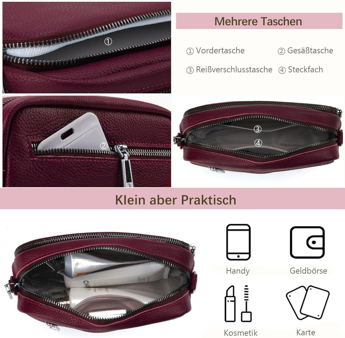 Damen Echtes Leder Umhängetasche Crossbody Bag Schultergurt Rotwein