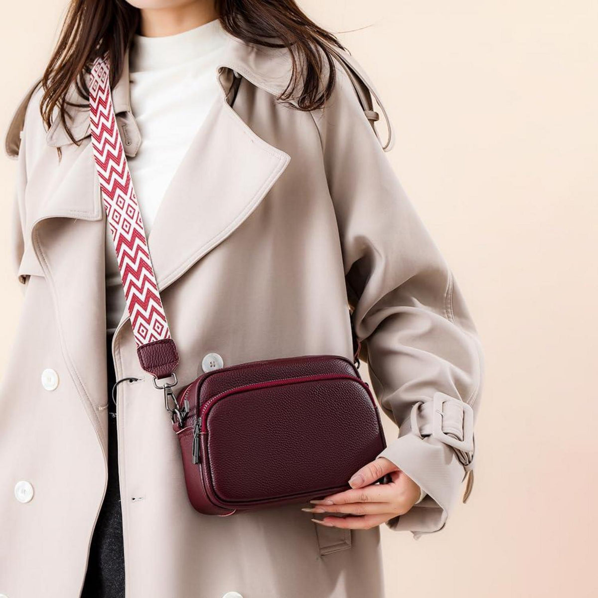Damen Echtes Leder Umhängetasche Crossbody Bag Schultergurt Rotwein