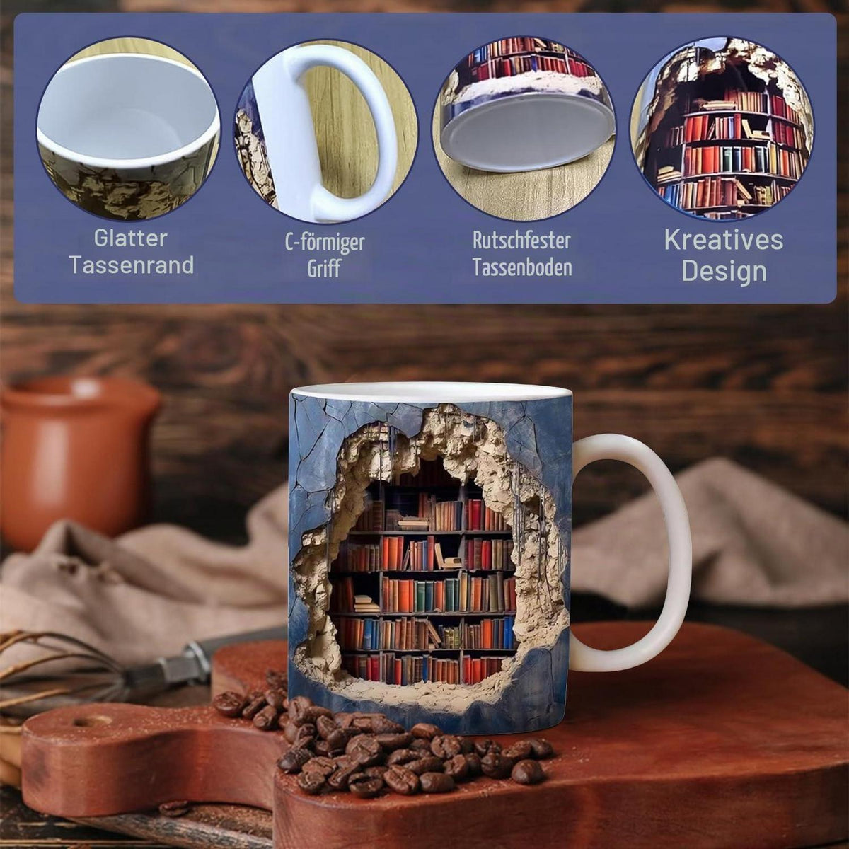 3D Bücherregal Tasse – Keramik Kaffeebecher für Leser & als Geschenk
