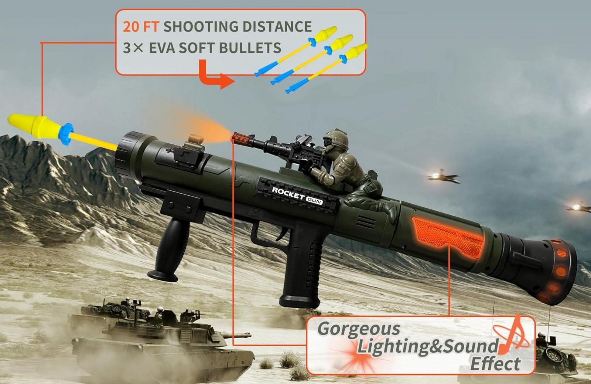 Toy Rocket Launcher mit 3 Foam-Raketen, LED-Effekten & Vibrationssound