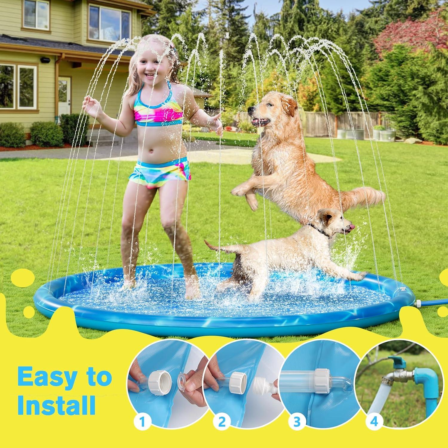 Pecute Sprinkler Wasser-Spielmatte für Hunde 150x150cm Blau