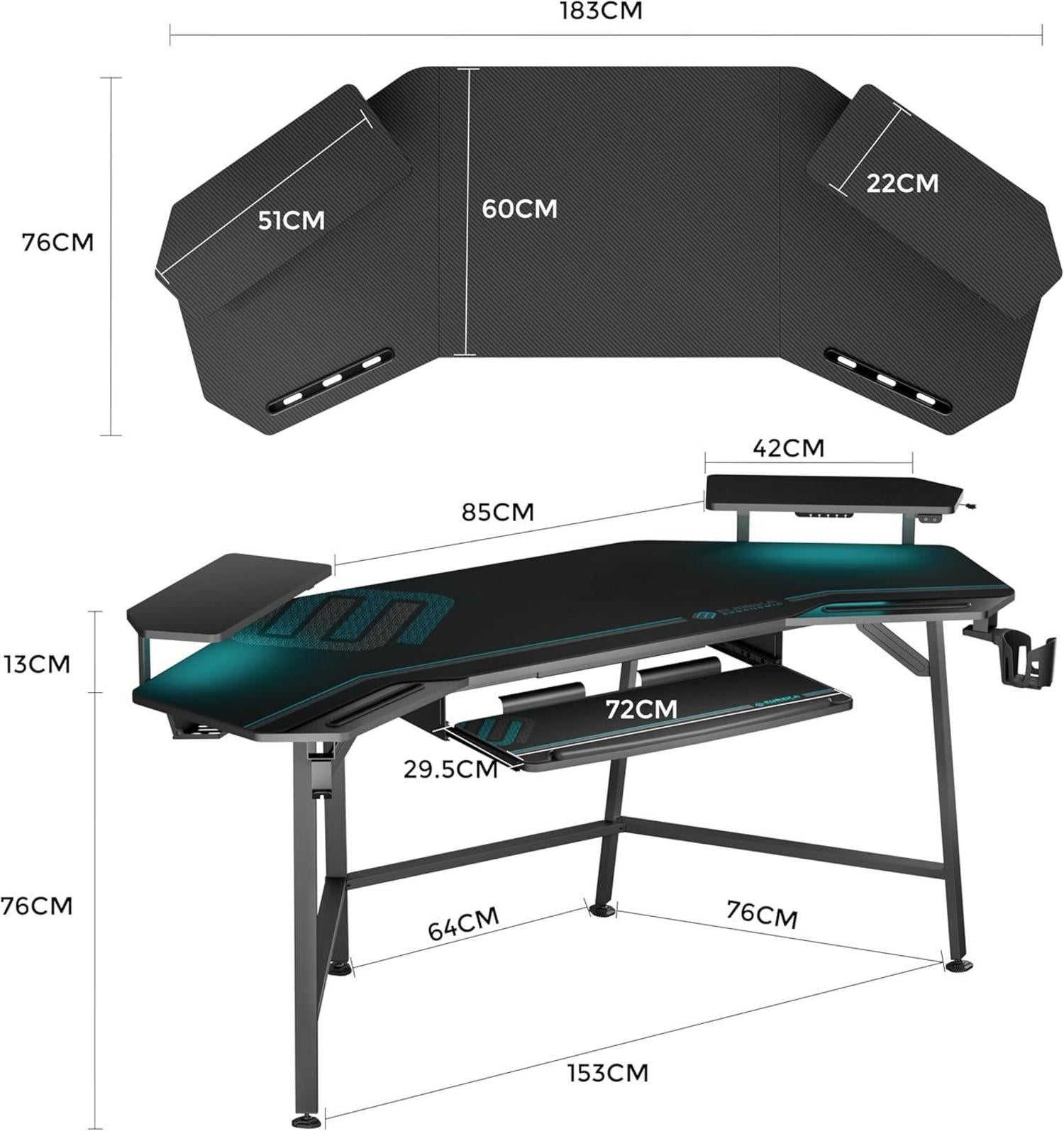 Gaming Tisch mit LED 182x76cm Flügelform Computertisch