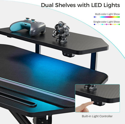 Gaming Tisch LED 182x76cm Flügelform PC Computertisch 2 Monitorständer