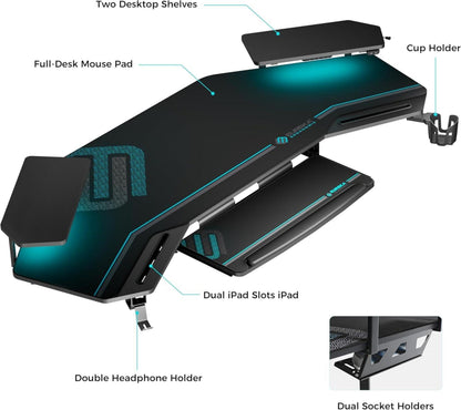 Gaming Tisch LED 182x76cm PC Computertisch Flügelform 2 Monitorständer