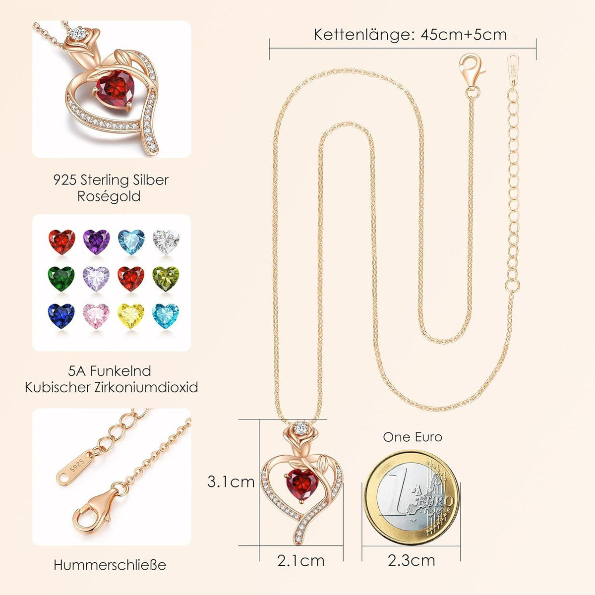 CDE Halskette Damen Rosegold Herz Kette Sterling Silber 925 Geburtsstein Geschenke