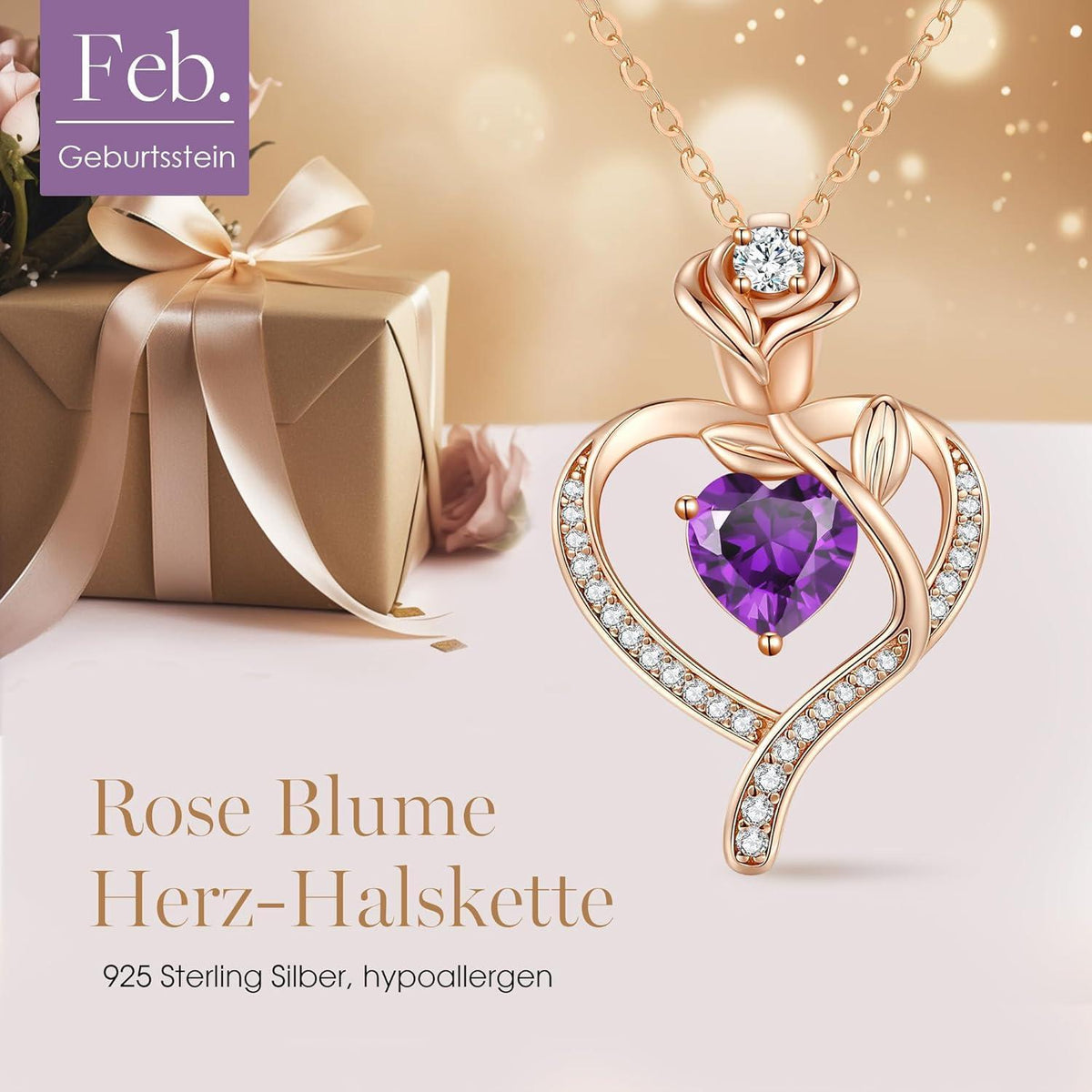 Herz Halskette Damen Rosegold mit Geburtsstein Sterling Silber 925