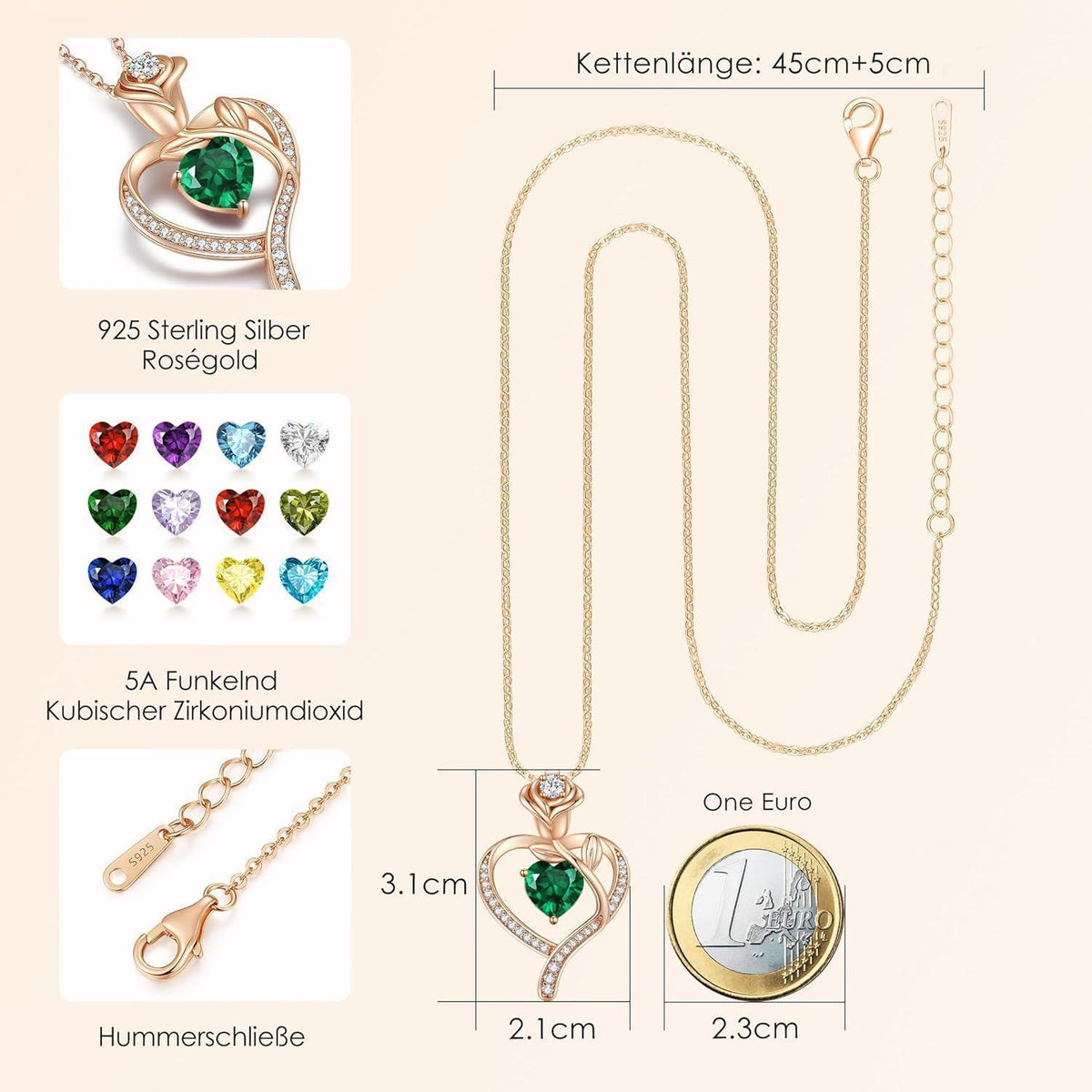 Halskette Damen Rosegold Herz mit Geburtsstein Sterling Silber 925