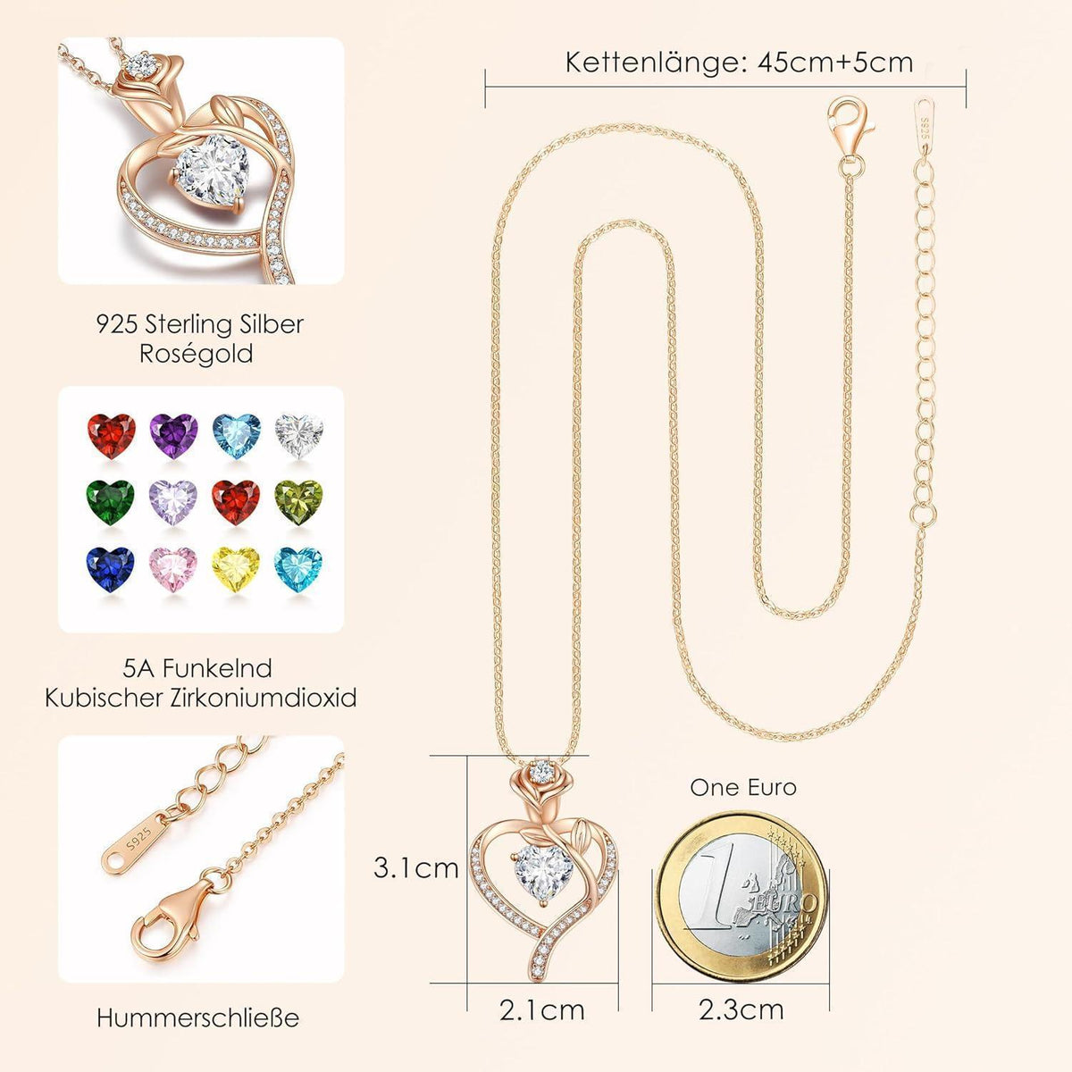 Halskette Damen Rosegold Herz mit Geburtsstein Sterling Silber 925