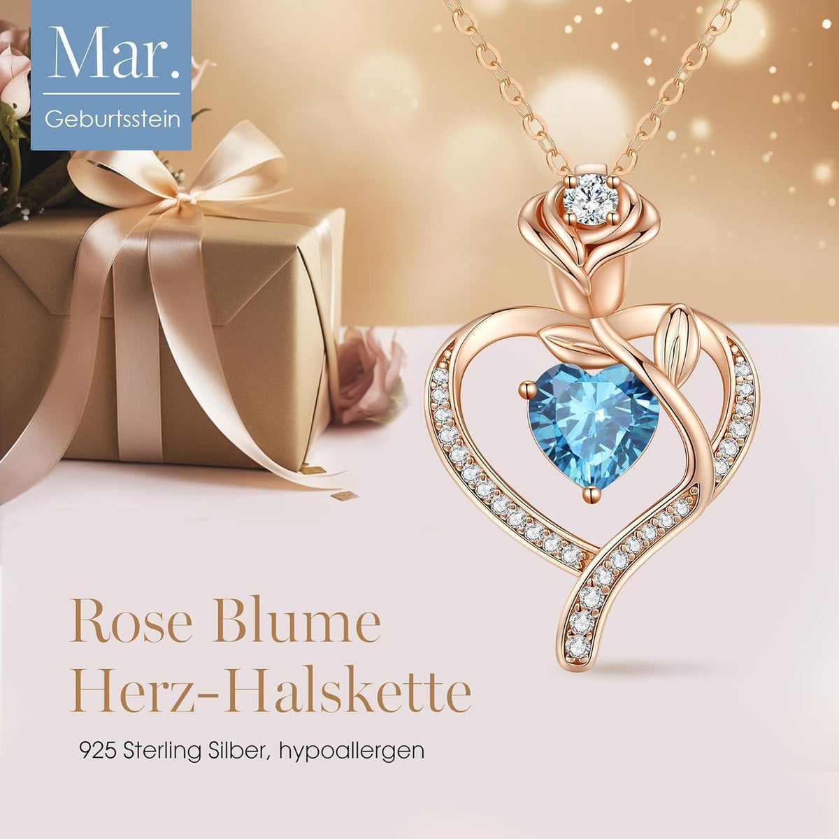 Halskette Damen Rosegold Herz mit Geburtsstein Sterling Silber 925