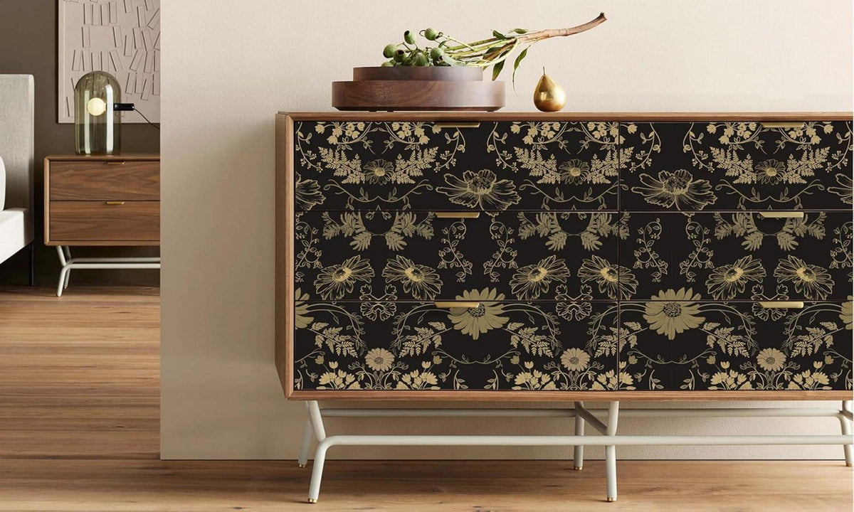 Selbstklebende PVC Tapete Blumenmuster Schwarz Gold 10mx0.4m
