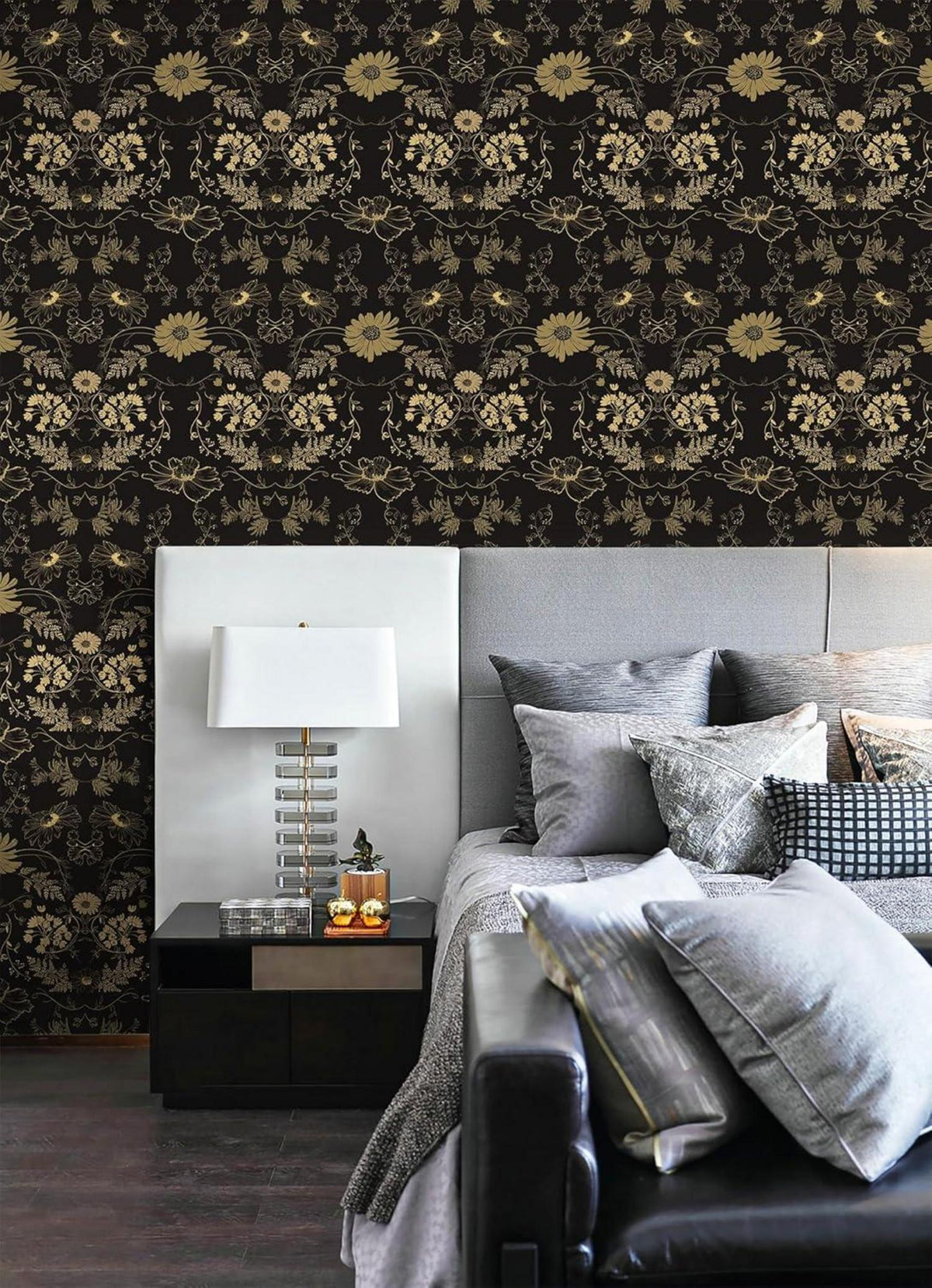 Selbstklebende Tapete Blume PVC Vinyl Möbelfolie Schwarz Gold 10m