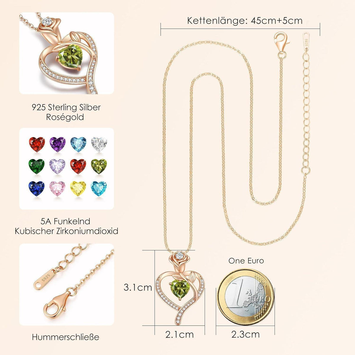 Herz Halskette Rosegold mit Geburtsstein aus 925 Sterling Silber
