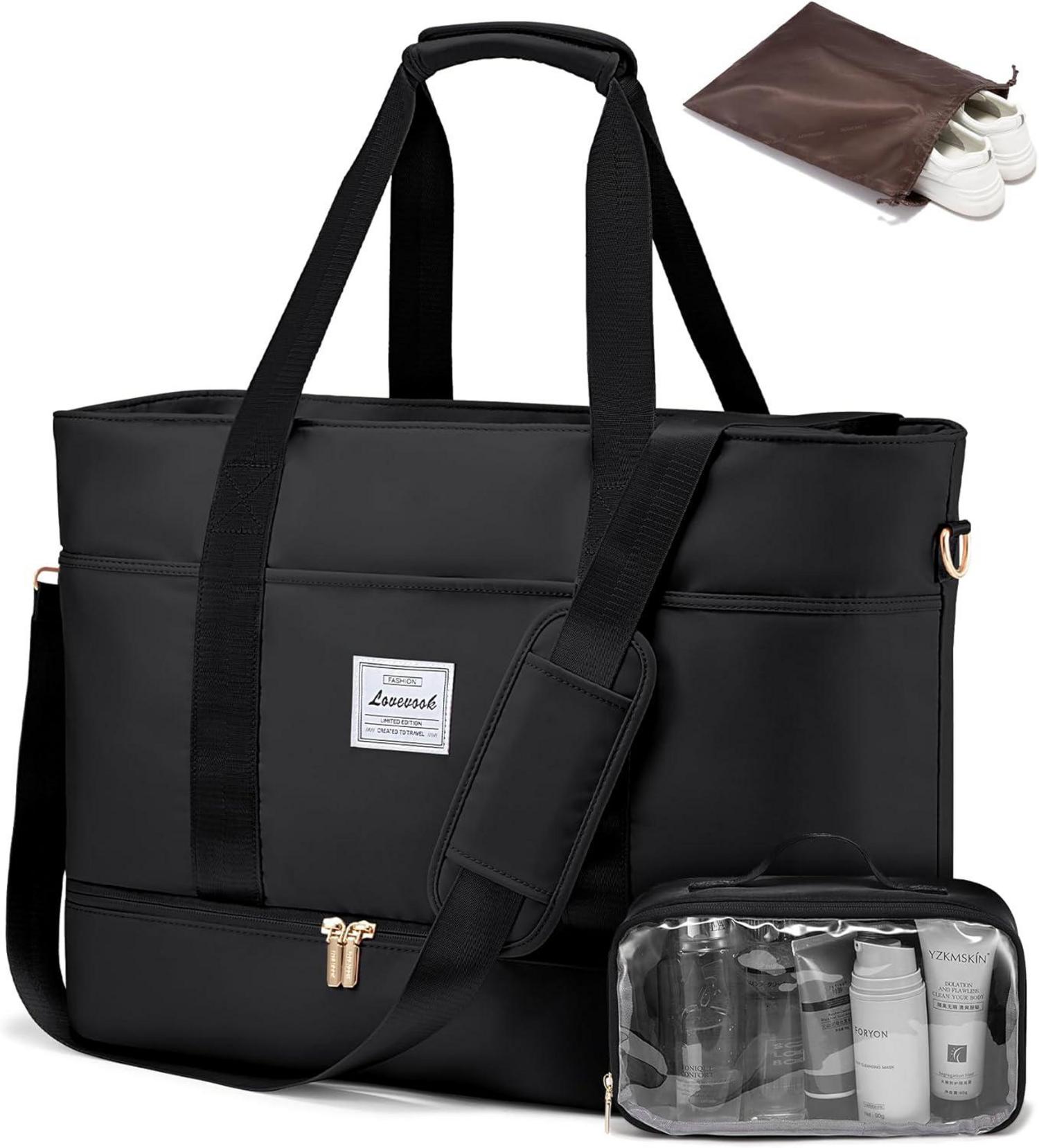 Travel Duffel Bag mit Schuhfach, Kliniktasche für Reise Schwarz