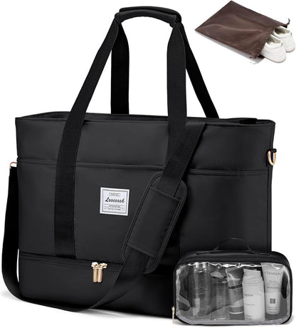 Travel Duffel Bag mit Schuhfach, Kliniktasche für Reise Schwarz