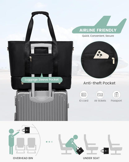 Damen Reisetasche Wasserdicht Weekender mit Schuhfach Schwarz