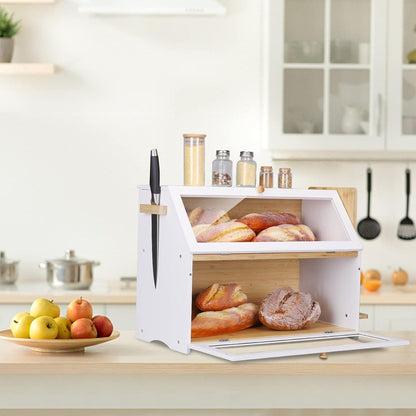 Brotkasten Bambus 2 Etagen Brotschneidebrett 50x25x37cm Weiß pflegeleicht