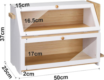 Bambus Brotkasten 2 Etagen Brotschneidebrett Lebensmittelecht Weiß 50x25x37cm