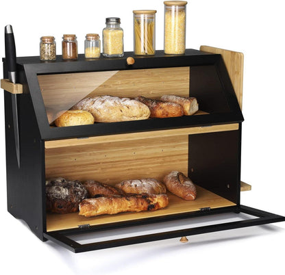 Bambus Brotkasten 2 Etagen mit Brotschneidebrett 50x25x37cm