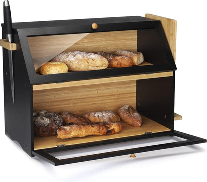 Bambus Brotkasten 2 Etagen Brotschneidebrett 50x25x37cm Schwarz