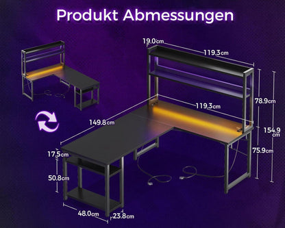 Gaming Schreibtisch LED USB Ladeanschluss Eckschreibtisch Stall