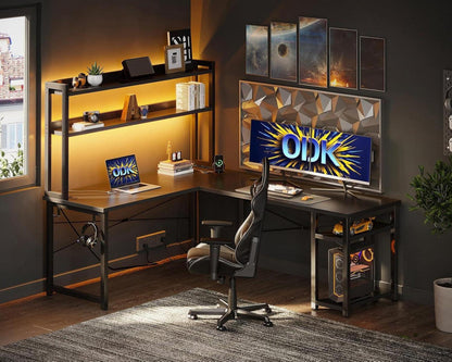 ODK Gaming Schreibtisch LED L-Form 2 Steckdosen 2 USB 150x120 cm