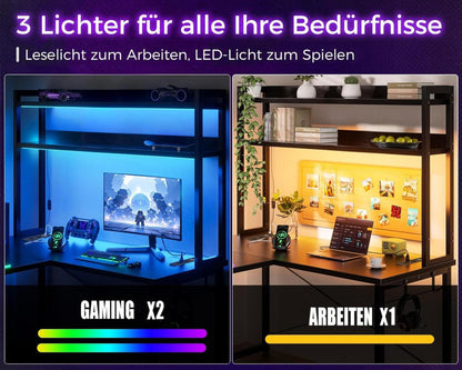 Gaming Schreibtisch LED L-Form Schwarz 2 USB 2 Steckdosen 150x120 cm