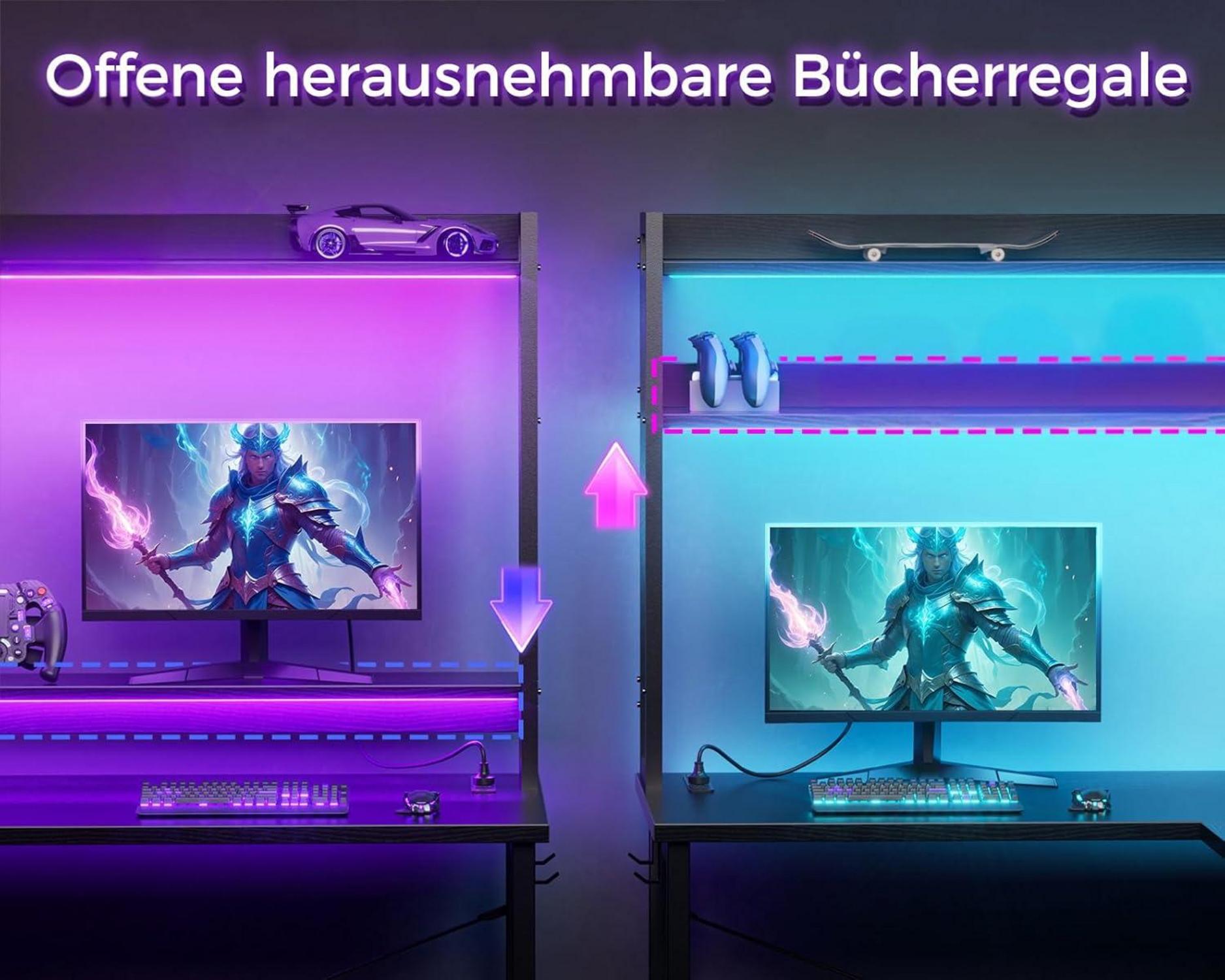 Gaming Tisch LED L-Form 2 Steckdosen USB schwarz 150x120 cm