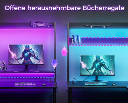 Gaming Tisch LED L-Form 2 Steckdosen USB schwarz 150x120 cm