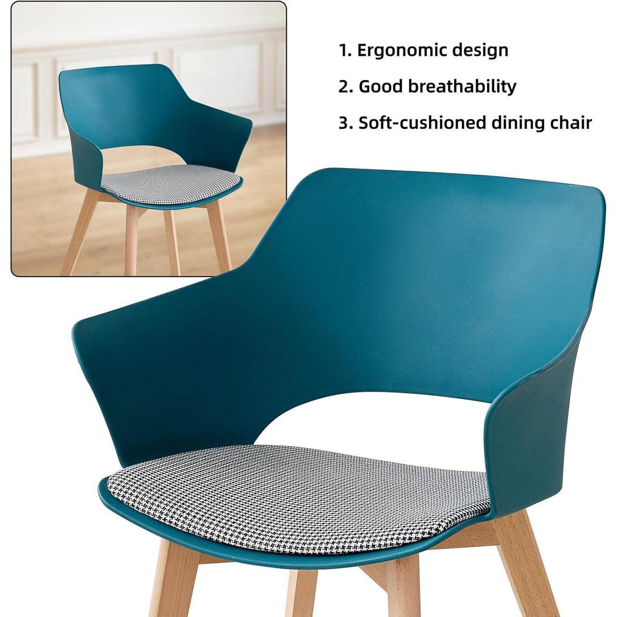4er Set Esszimmerstühle mit Stoffpolster & Massivholzbeinen - Blau