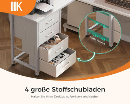 ODK Eckschreibtisch L-Form mit Schubladen, Steckdosen & USB, Weiß 135 × 100 cm