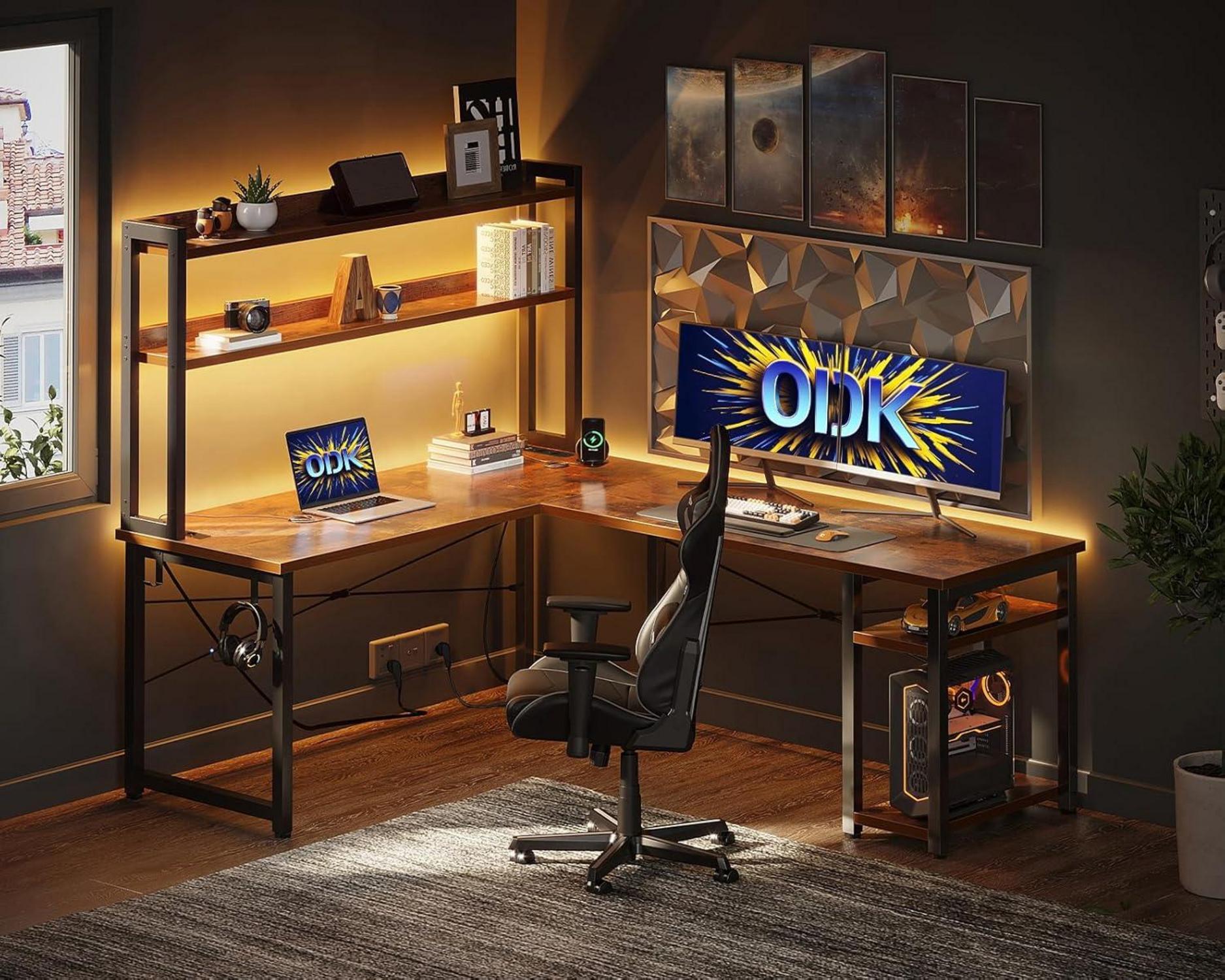 ODK Gaming L-Form Schreibtisch LED USB Steckdosen 150×120 cm Vintage-Braun