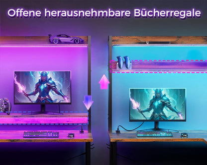 Gaming-Schreibtisch LED 2 Steckdosen 2 USB Ladeanschluss Stall