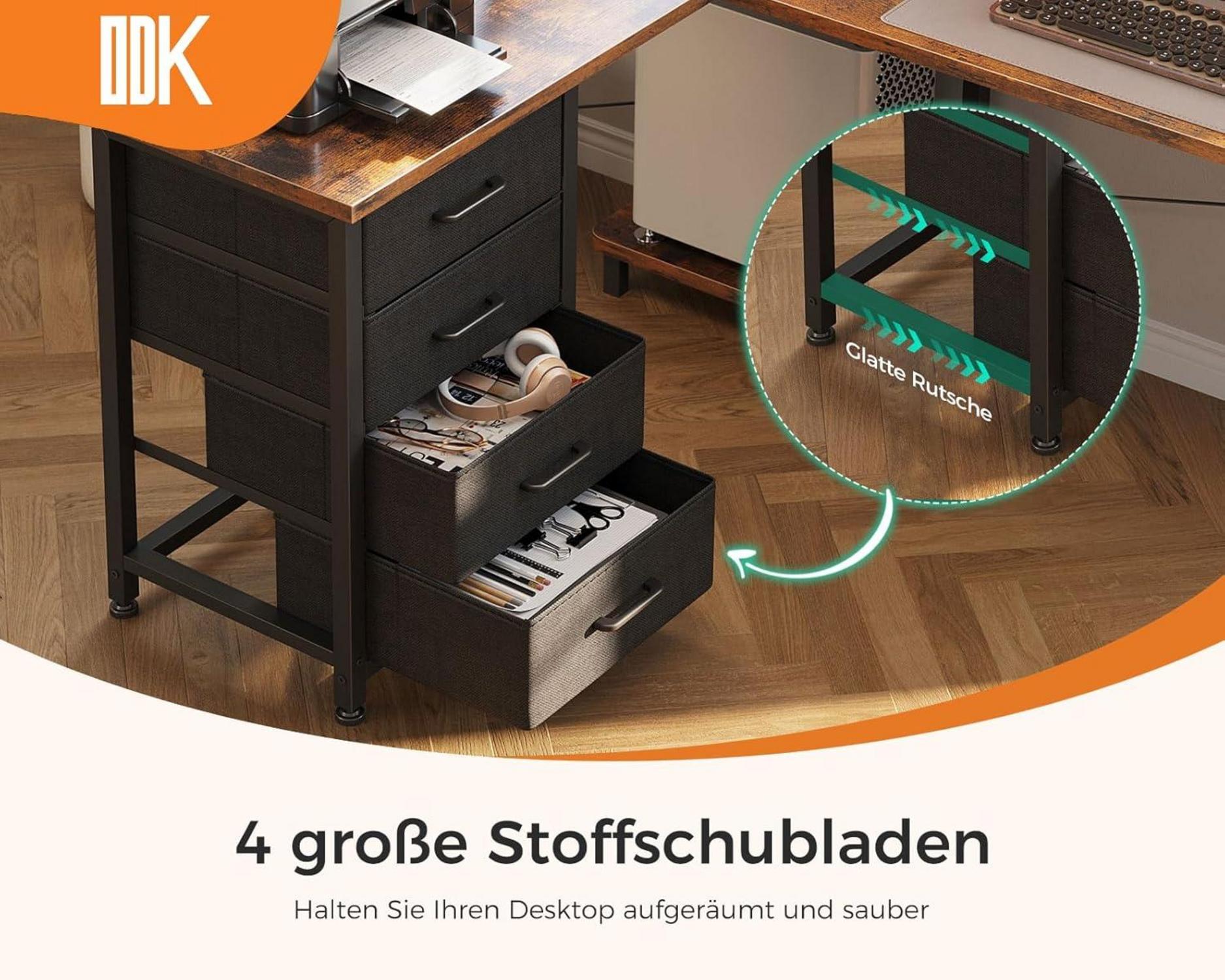 ODK Eckschreibtisch L Form Steckdosen USB-Ladeanschluss Vintage Braun 135 × 100 cm