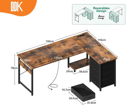 Eckschreibtisch mit Schubladen und Steckdosen, USB-Ladeanschluss