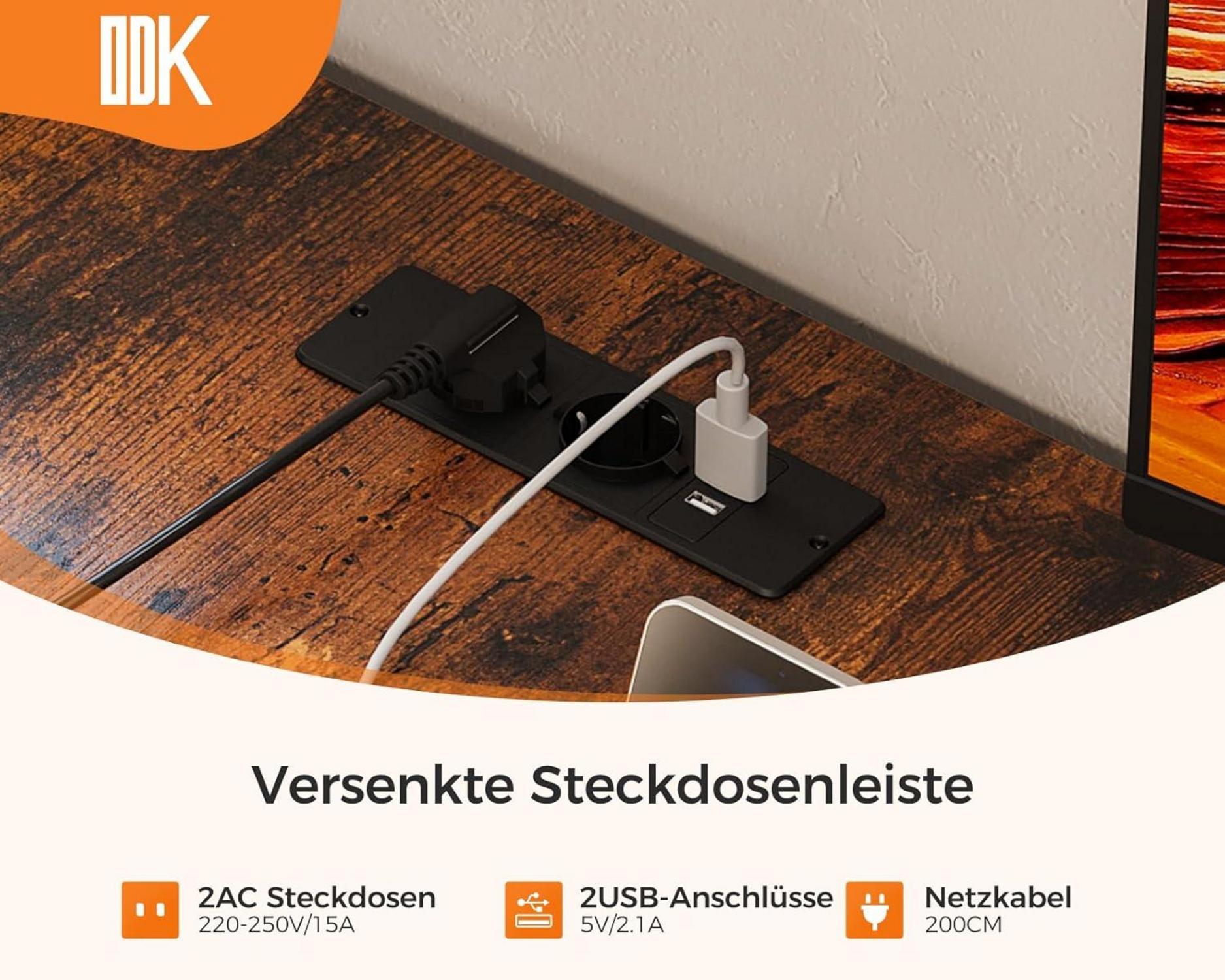 ODK Eckschreibtisch L Form mit Schubladen und Steckdosen, Vintage-Braun